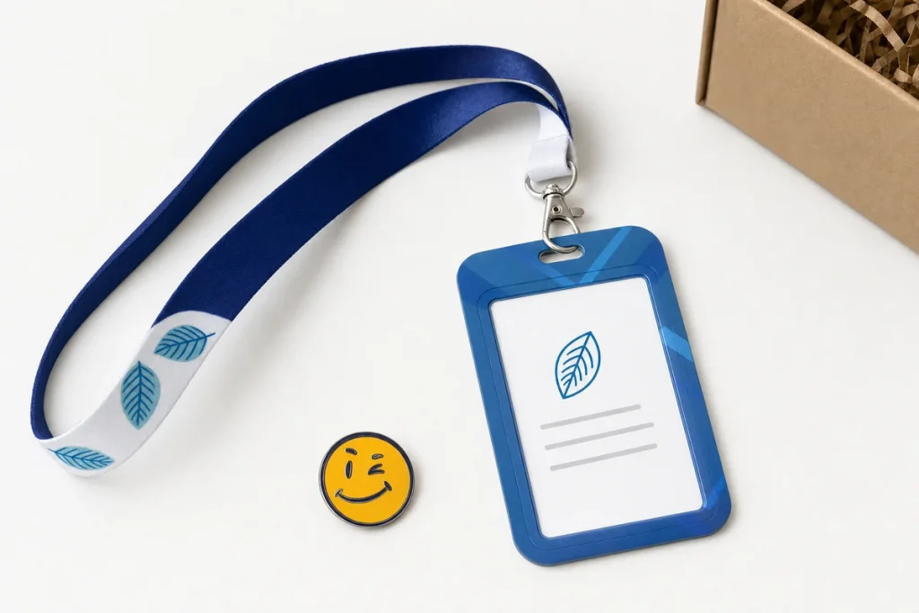 Kit de bienvenida con lanyard personalizado, porta gafete azul y pin de esmalte de carita guiñando