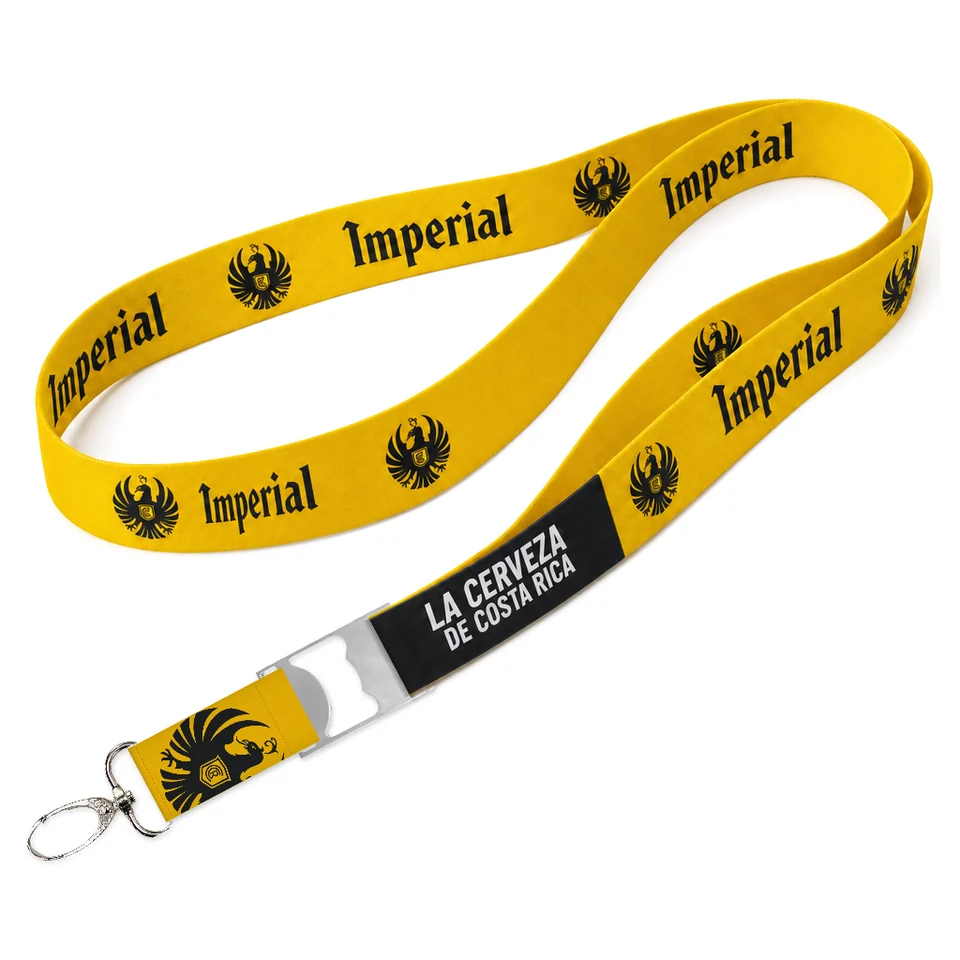 Lanyard sublimado amarillo Imperial con destapador metálico y gancho giratorio