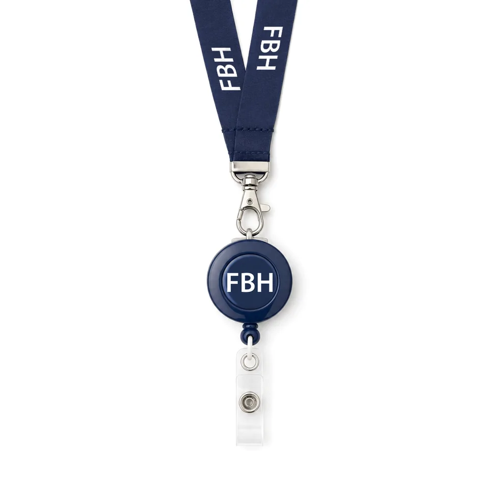 Lanyard azul marino FBH con yoyo retráctil para gafete: tu logo en la cara del yoyo y clip de vinil transparente para tu credencial