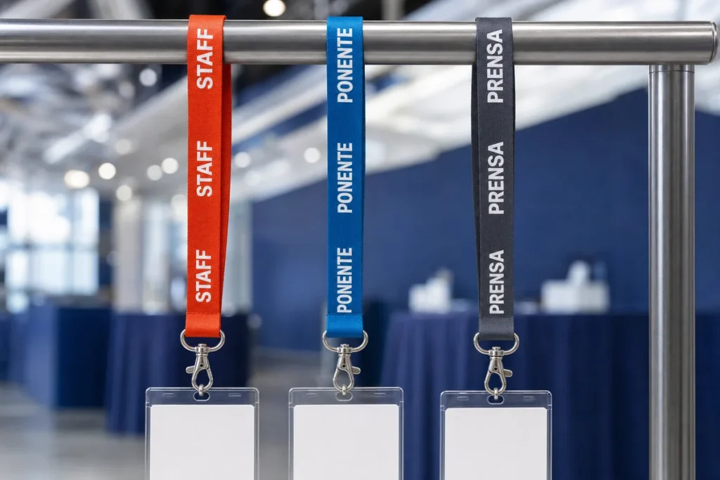 Tres lanyards para evento en rojo, azul y gris con los textos STAFF, PONENTE y PRENSA